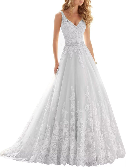 Lace Wedding Dresses for Bride Deep V Neck Beaded Tulle Bridal Ball Gowns for Women with Train Brides Dress White 8