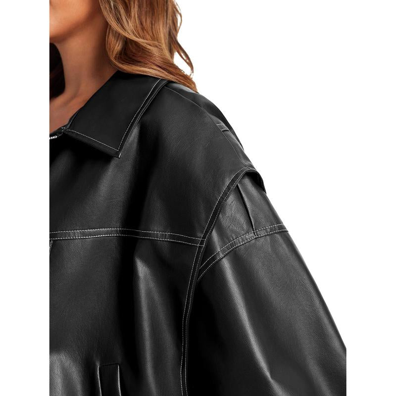 Goranbon Womens Oversized Leather Bomber Jackets Cap Sleeve Zip up Motorcycle Coats with Pockets