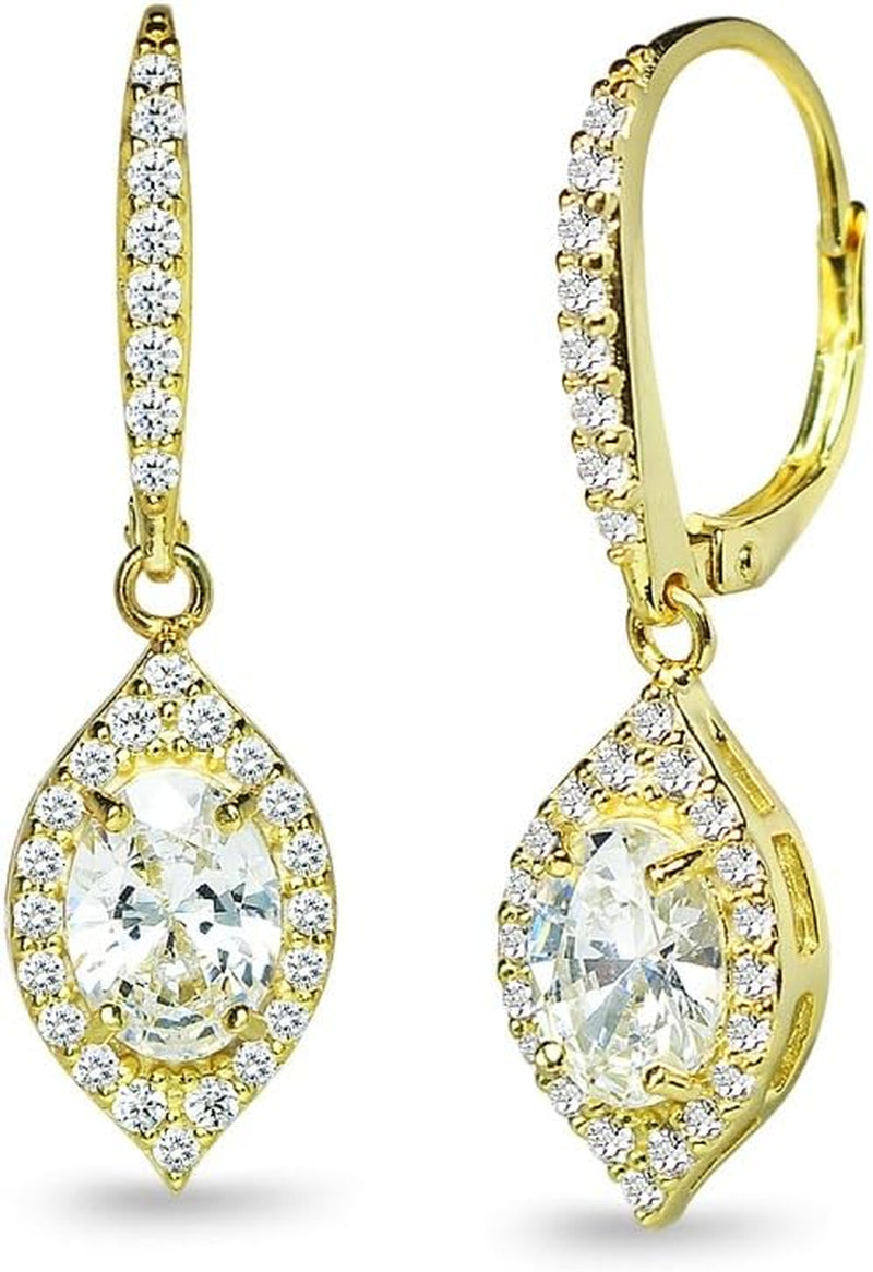 Sterling Silver Oval Dangle Leverback Earrings Made with AAA Cubic Zirconia