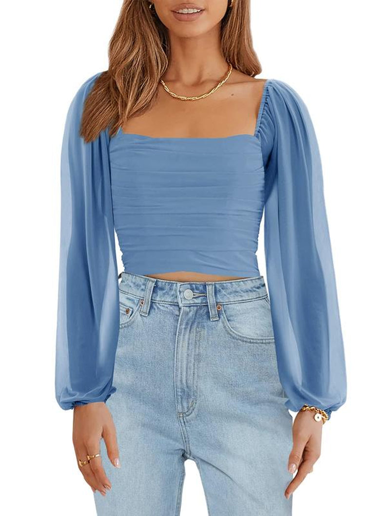 Tankaneo Women'S Summer Mesh Long Sleeve Tops Square Neck Ruched Party Club Casual Crop Blouse Shirt RP5408