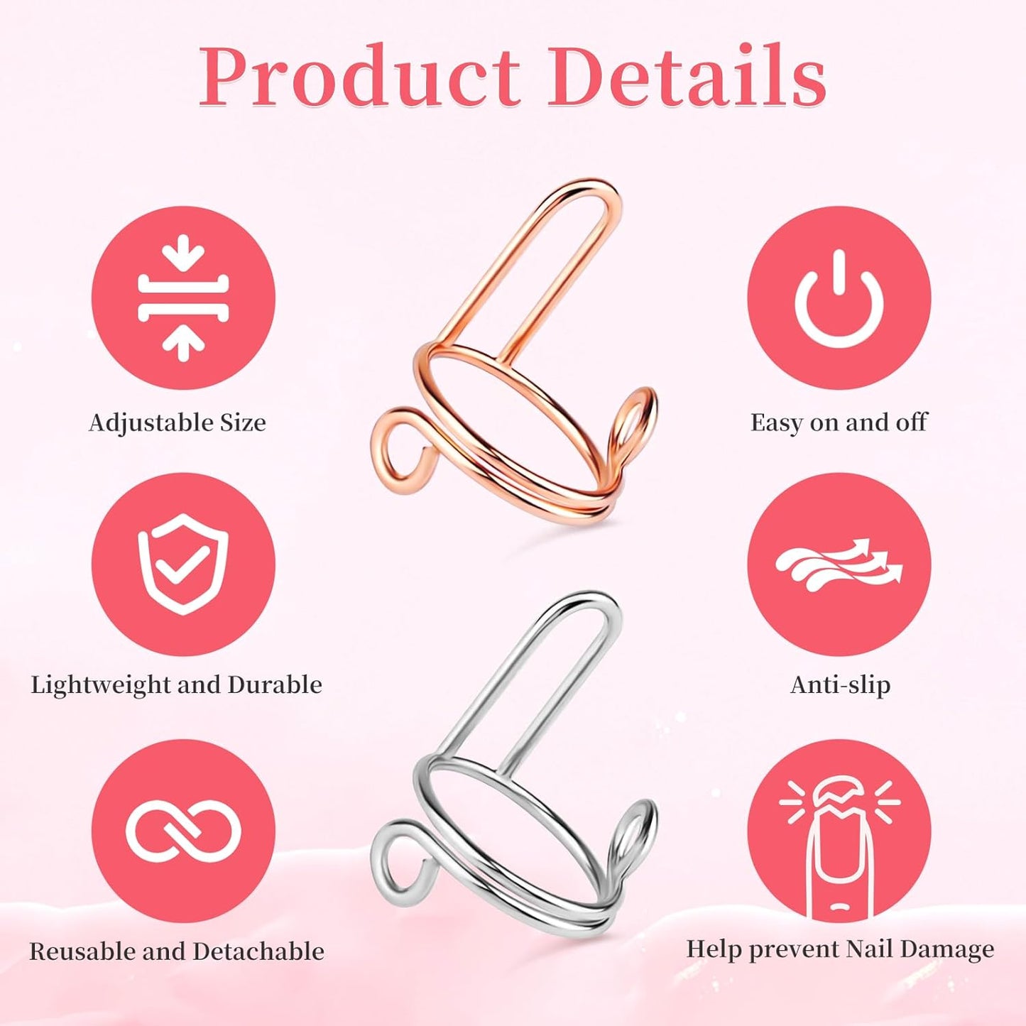 20Pcs Size Adjustable Wudu Rings with 120Pcs Adhesive Nail Tabs, Reusable Detachable Rings for Halal Nail, Muslim Wearing Manicure (Rose Gold, Silver)