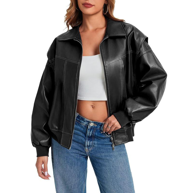 Goranbon Womens Oversized Leather Bomber Jackets Cap Sleeve Zip up Motorcycle Coats with Pockets