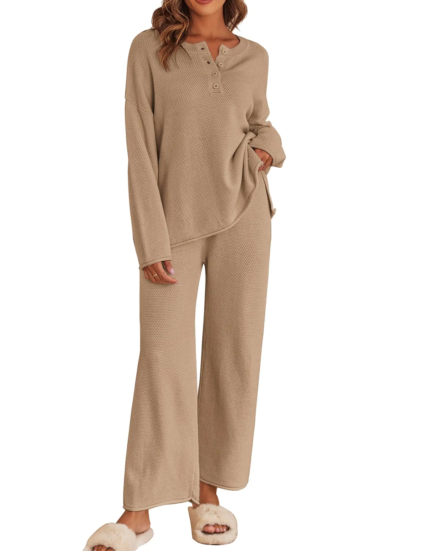 Ekouaer Pajama Set for Women 2 Piece Winter Matching Outfits Soft Knit Loungewear Sweater Sets Dark Khaki