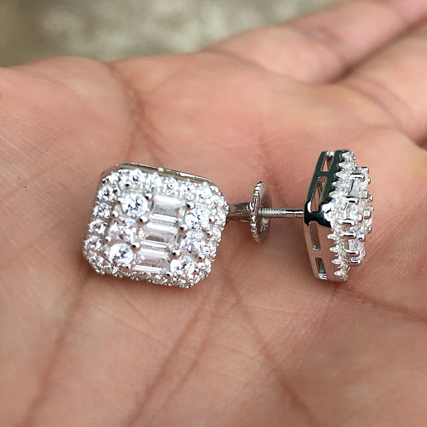Real Solid 925 Sterling Silver Baguette Iced Earrings Bling Flooded Out CZ Screw Backs
