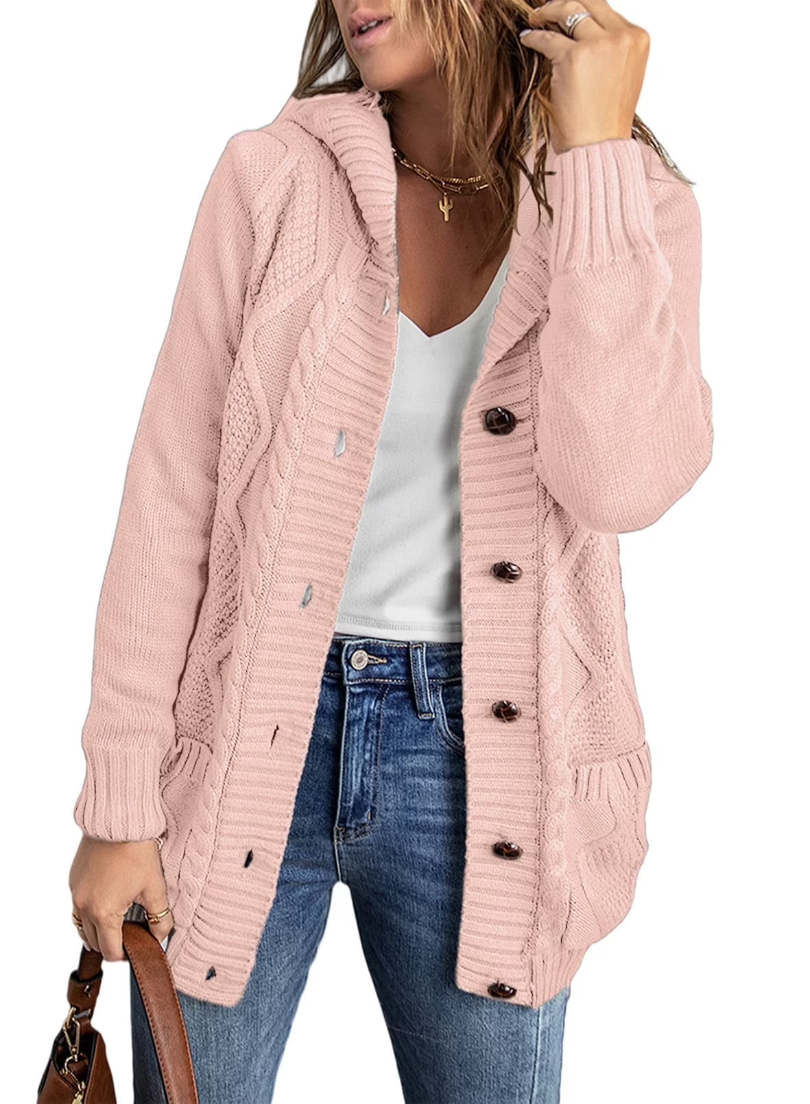 Hooded Cardigan Sweaters for Women Long Sleeve Button down Knit Sweater Coat Outwear with Pockets