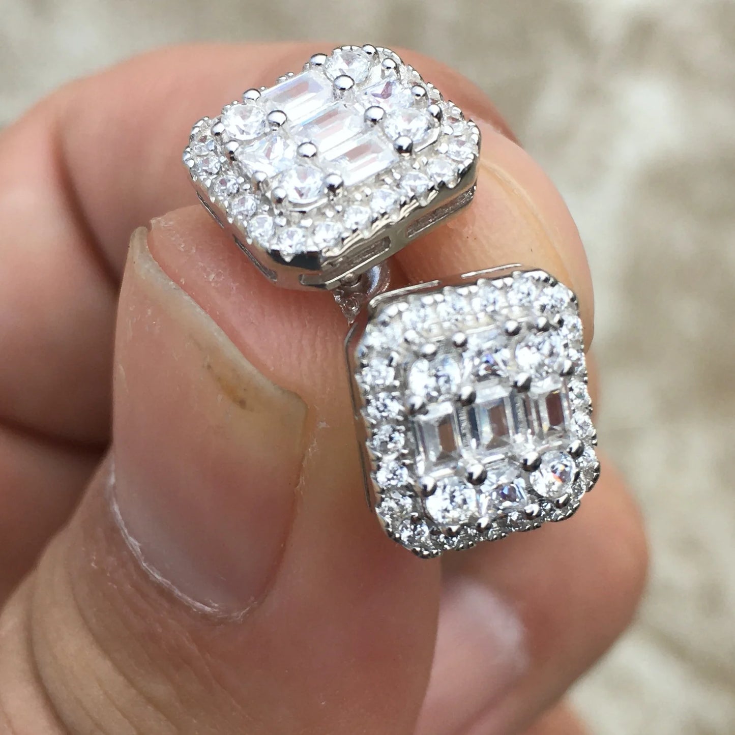 Real Solid 925 Sterling Silver Baguette Iced Earrings Bling Flooded Out CZ Screw Backs