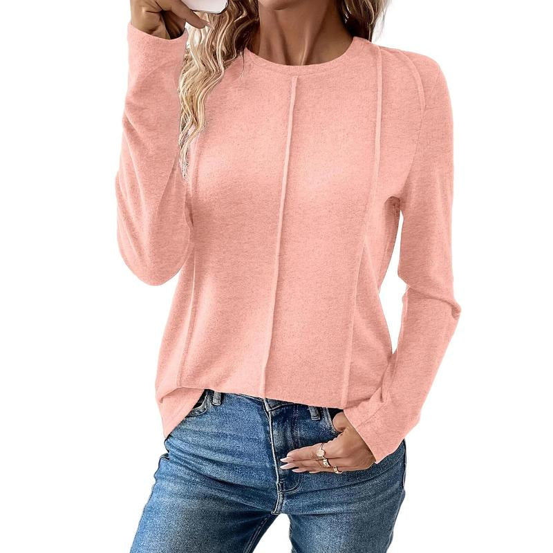 EVALESS Women'S Plain Long Sleeve Pleated Shirts Tops,Crewneck Knit Solid Loose Comfort Casual Blouses,Trendy for Spring & Fall,Ladies Clothes for Daily Wear,2025 Womenswear Outfits