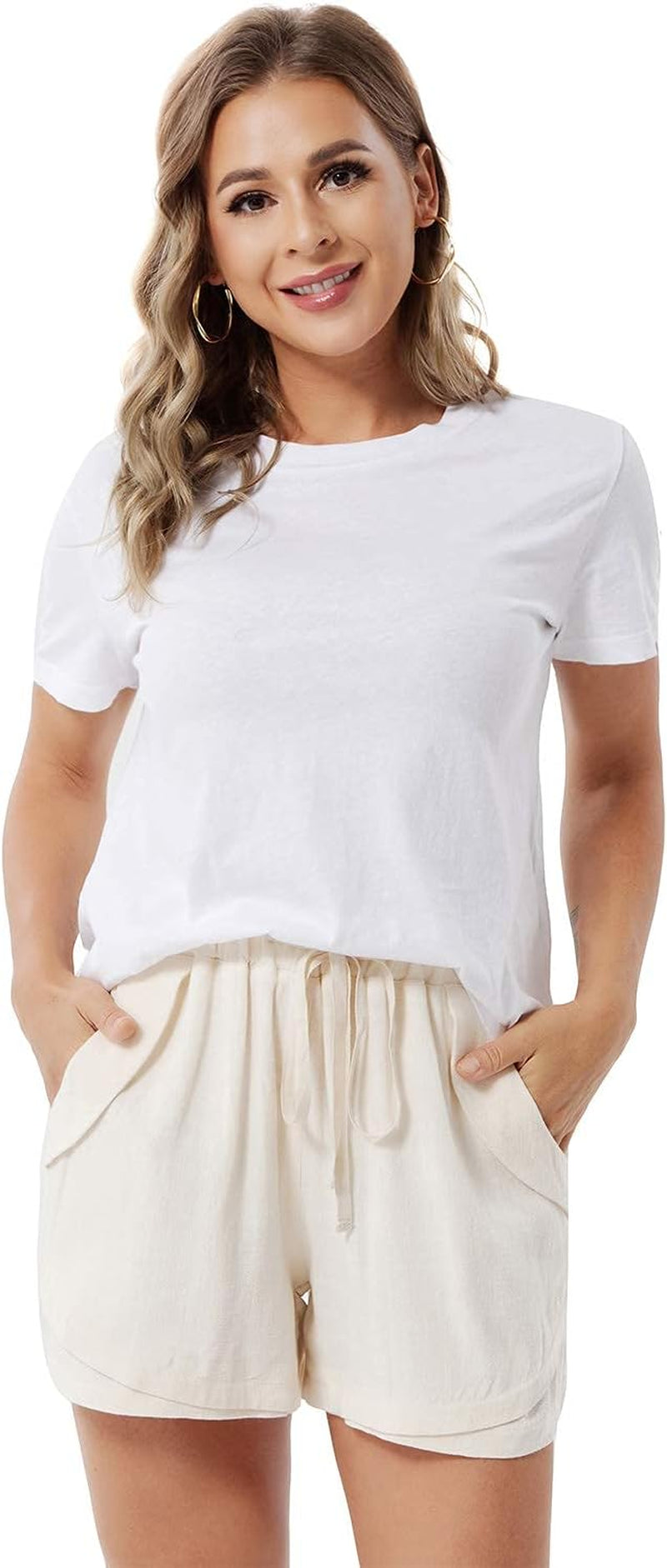 Women Summer Shorts Drawstring Comfy Casual Workout Cotton Linen Elastic Waist with Pockets Shorts (166 Beige, Large)