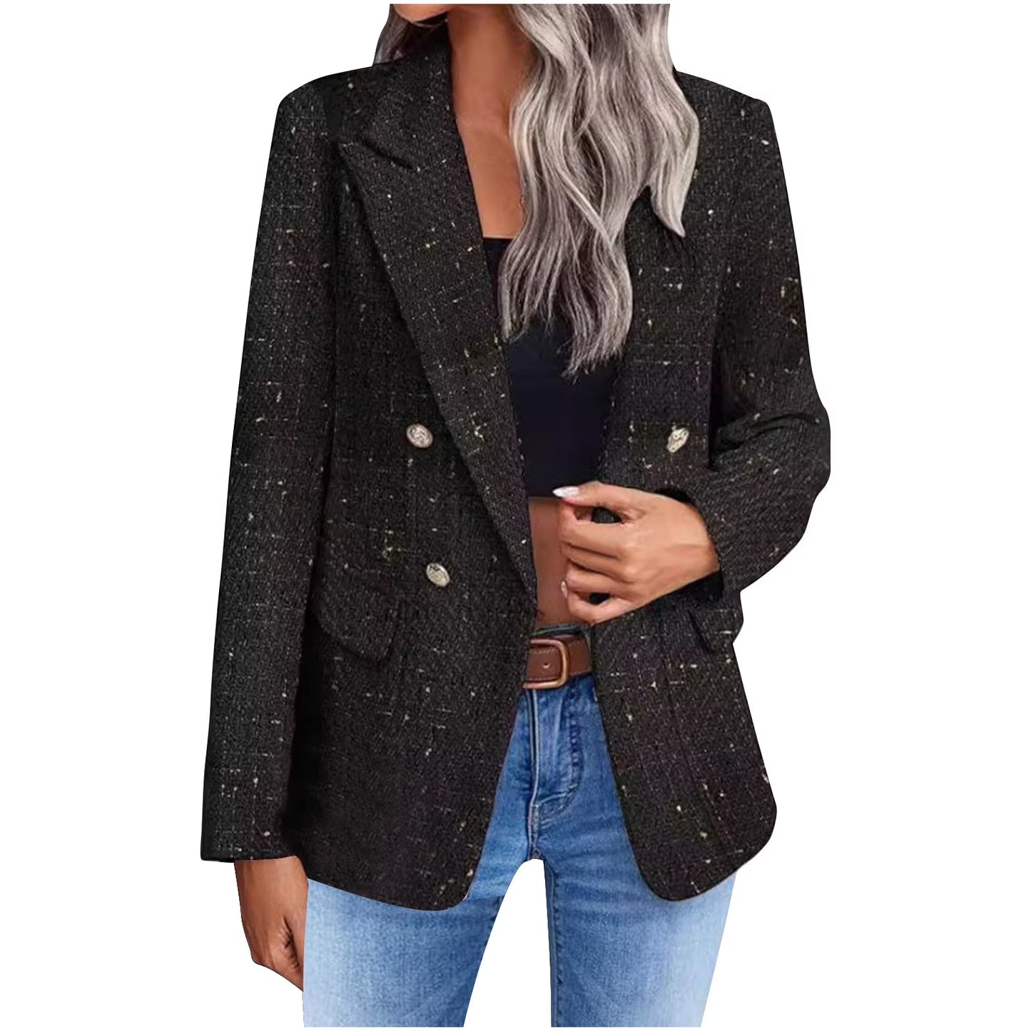 Women'S Blazers Tweed Plaid Blazer Jacket Fashion Business Casual Lapel Elegant Coat with Pockets (Beige,S)