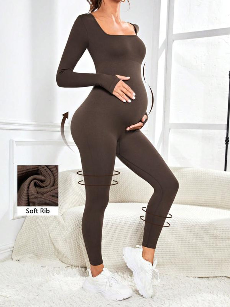 Maternity Seamless Yoga Jumpsuits Women'S One Piece Ribbed Square Neck Long Sleeved Romper with Workout Features