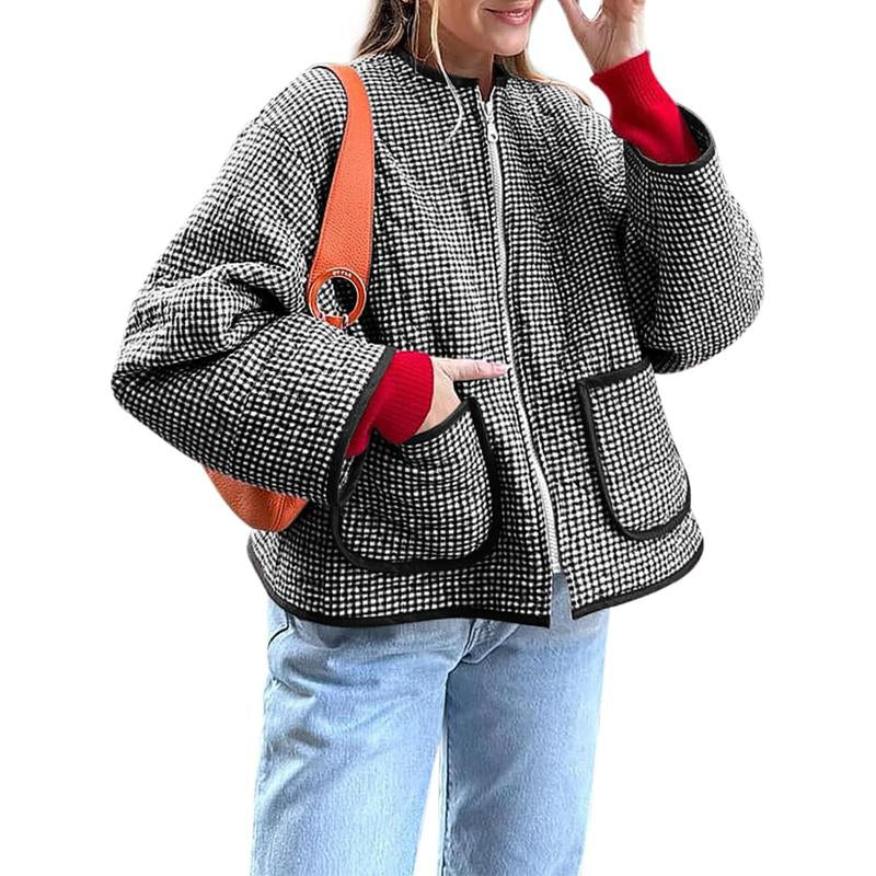 LAICIGO Womens Fall Winter Warm Jackets Fashion Crew Neck Quilted Plaid Jacket Full Zipper Coats