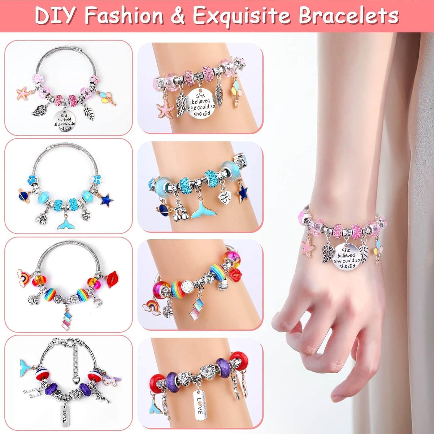 180 Pcs Charm Bracelet Making Kit for Girls, Mckanti Unicorn Mermaid Crafts Gift