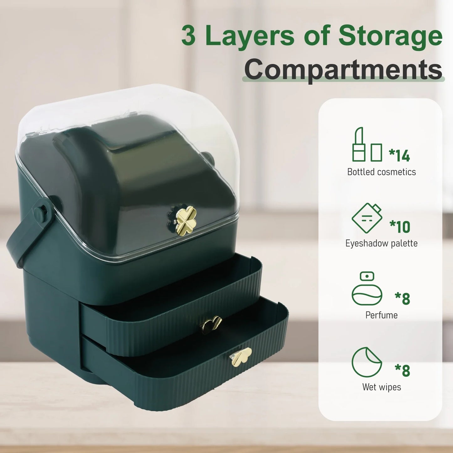Makeup Organizer Cosmetics Storage with Fully Open Lid, Green, Countertop Cosmetics Display Case, Dresser, Ideal Gift for Women (Dark Green), 10.23*7.08*14.17In