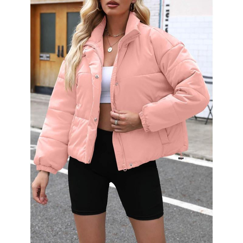 Imily Bela Womens Cropped Puffer Jackets Long Sleeve Stand Collar Coats Quilted Zipper Outerwear