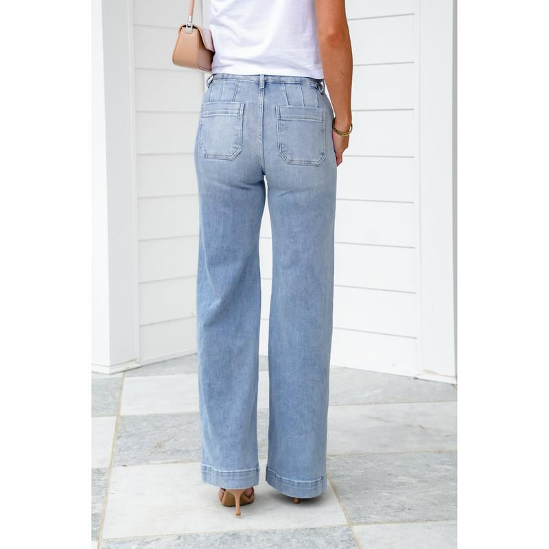 Risen High Rise Light Wash Wide Leg Jeans with Slanted Pockets