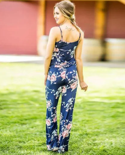 Floral Jumpsuit, Loose Fit Long Pants, Strap Jumpsuit
