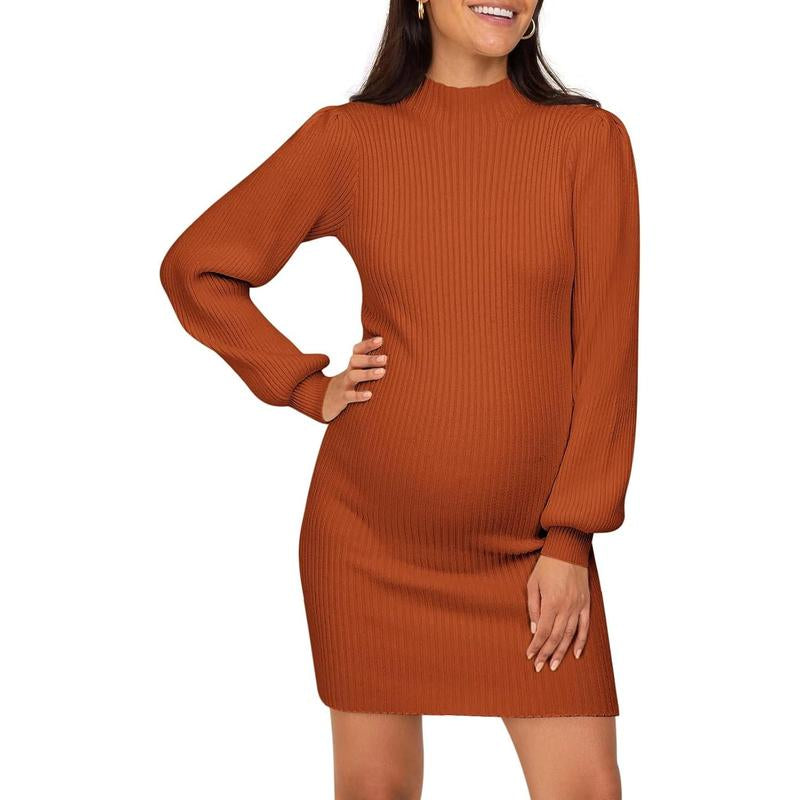Wenrine Maternity Sweater Dress for Pregnant Women Turtleneck Puff Sleeve Knit Slim Fit Bodycon Mini Dress