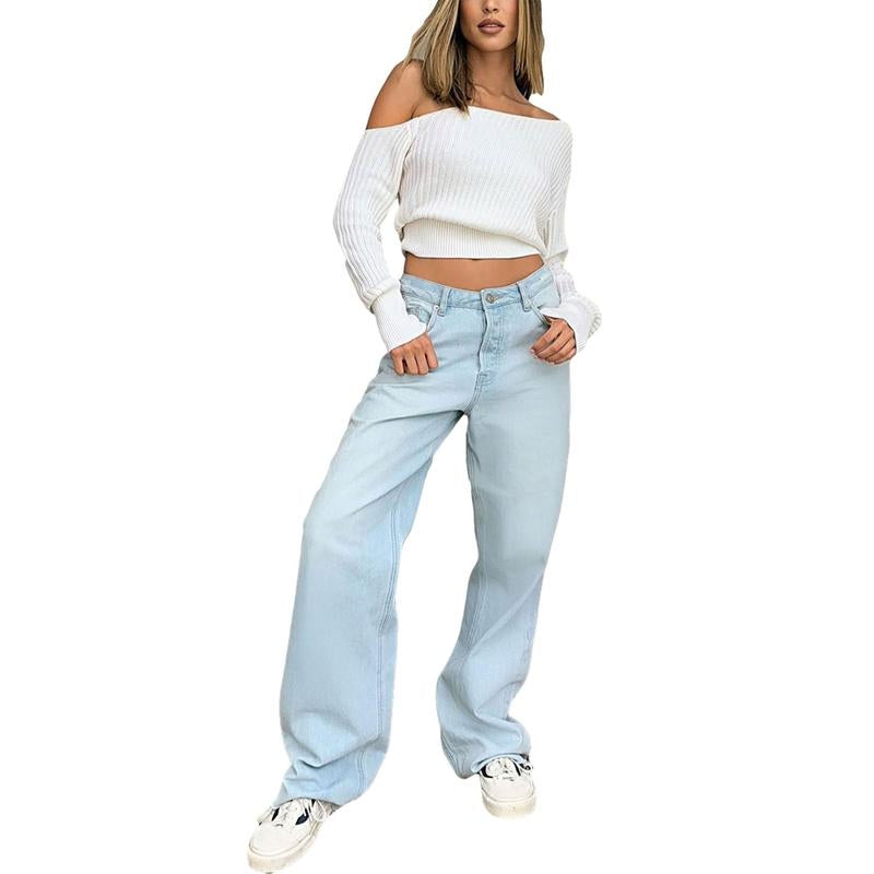 2022 New Style Women´S Casual Loose Jeans Breathable Wide-Leg Pants with Pockets Summer Spring Fashion Denim Long Trouser