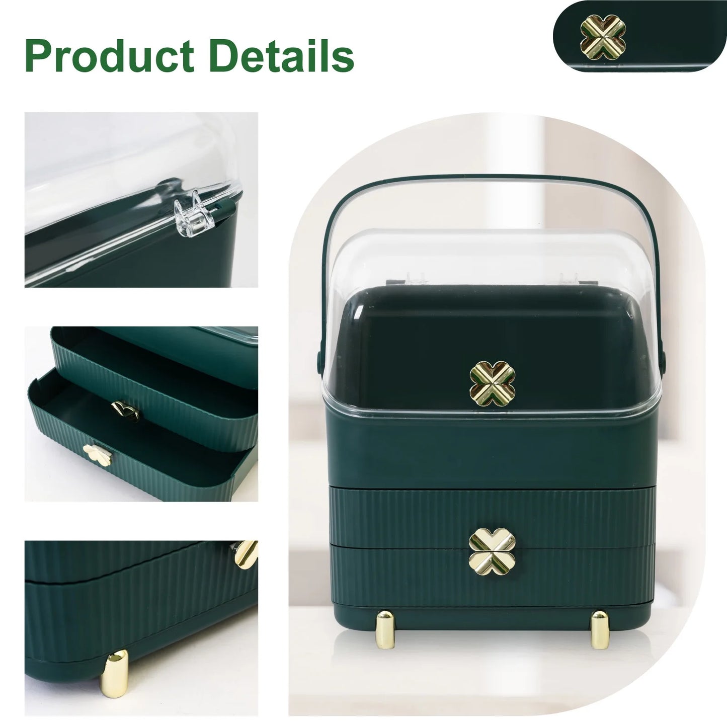 Makeup Organizer Cosmetics Storage with Fully Open Lid, Green, Countertop Cosmetics Display Case, Dresser, Ideal Gift for Women (Dark Green), 10.23*7.08*14.17In
