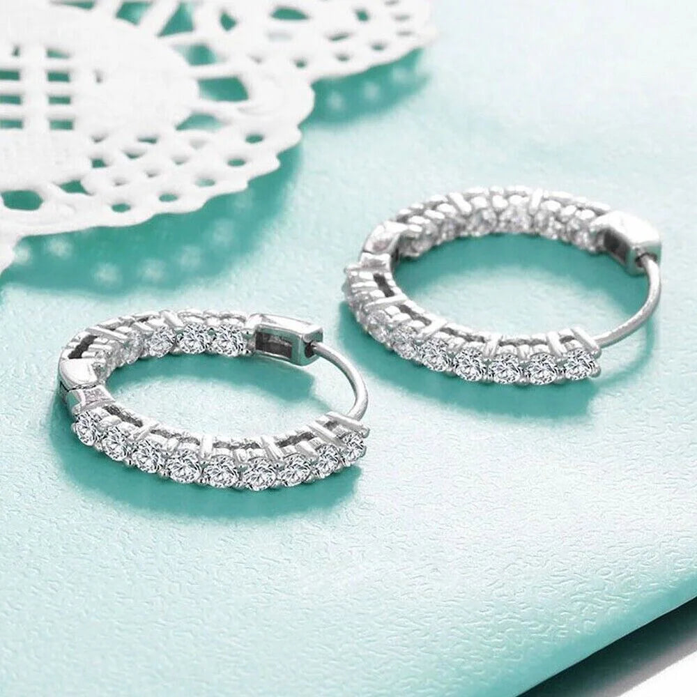 1.20Ct round Moissanite Women Hoop Earrings 14K White Gold Plated