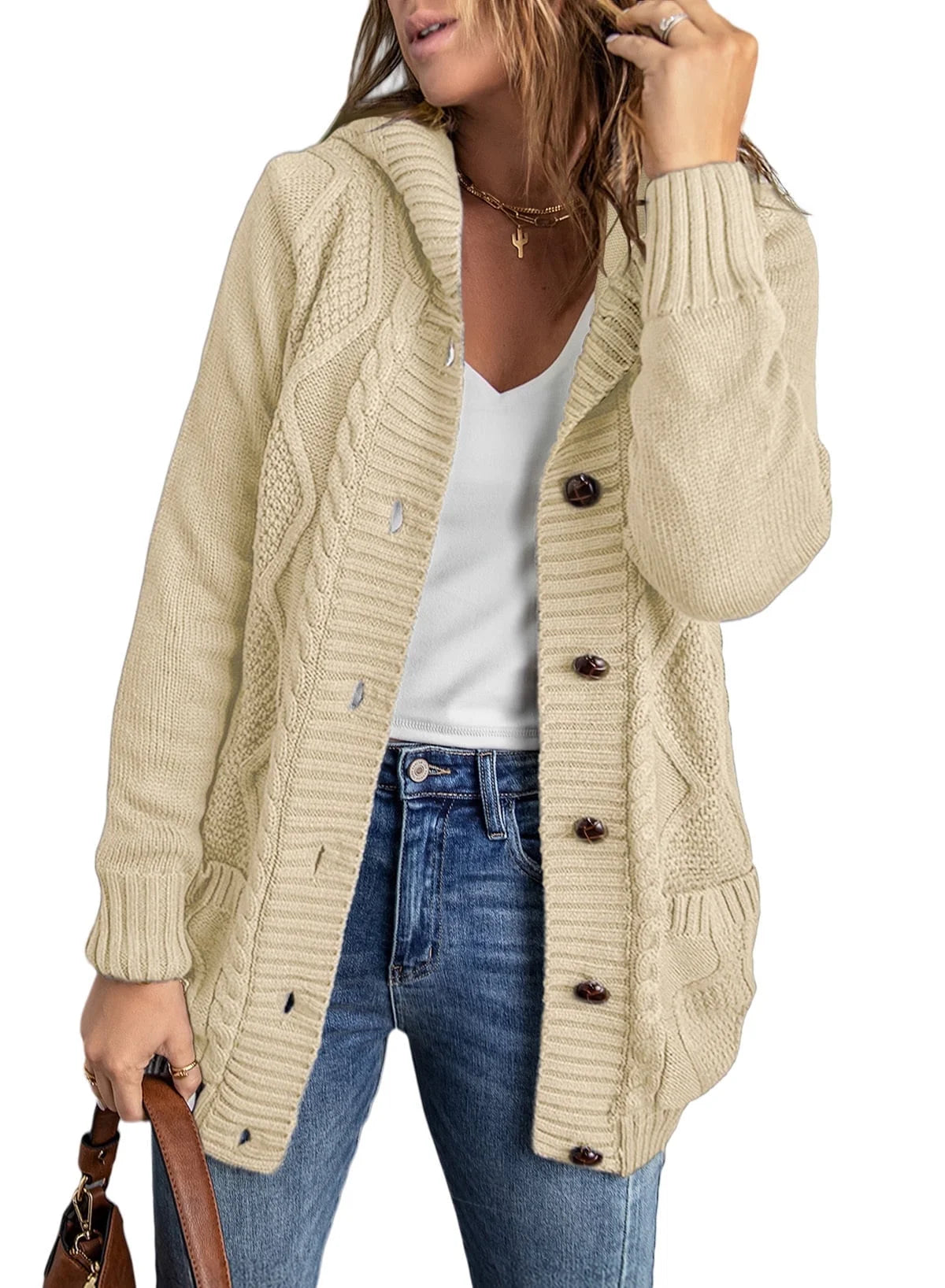 Hooded Cardigan Sweaters for Women Long Sleeve Button down Knit Sweater Coat Outwear with Pockets