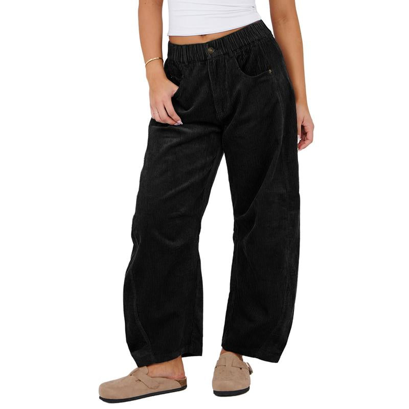 Naeduo Women'S Corduroy Pants Barrel Mid-Rise Elastic Waist Cord Pants Casual Wide Leg Baggy Trouser with Pockets