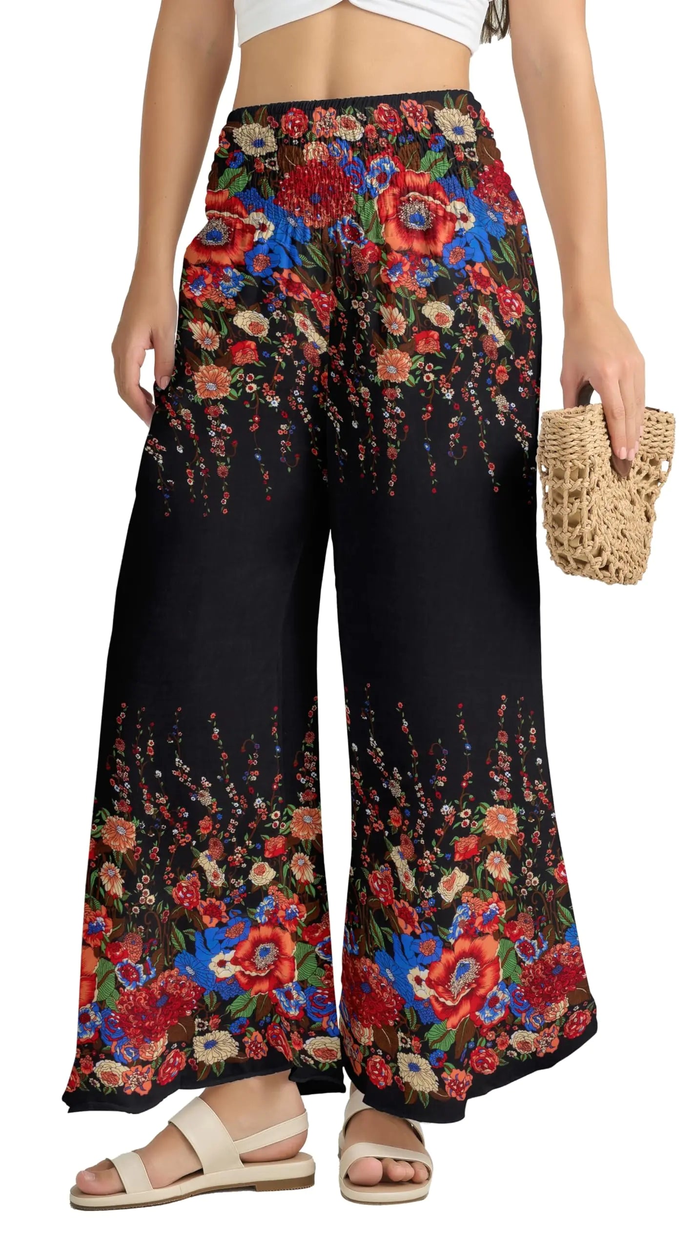 Joob Joob Flowy Pants for Women - Palazzo Pants for Women - Wide Leg Flare Summer Pants Women - Boho Harem Pants with Pockets Floral Black