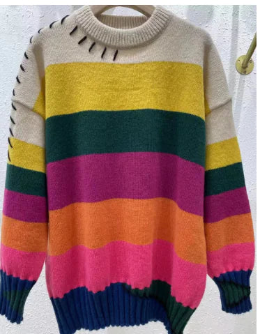 Rainbow Striped Loose Pullover for Women