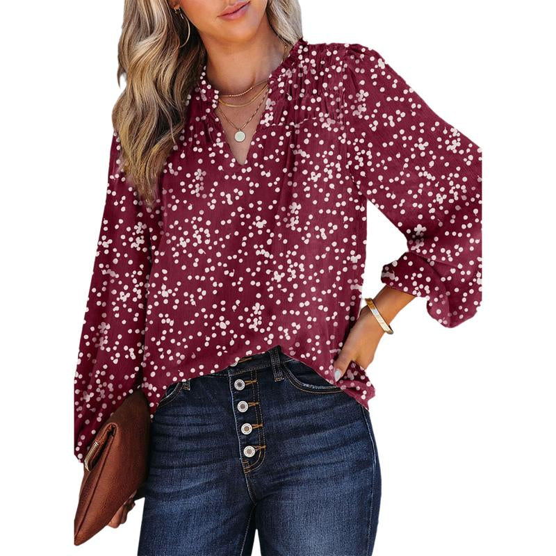 Dokotoo Women'S Casual V Neck Alicia Floral Print Smocked Long Sleeve Chiffon Blouses Bohemian Top Shirts