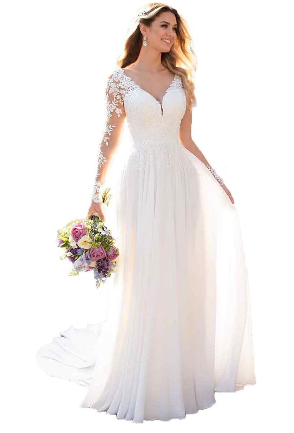 Noras dress Lace Beach Bride Long Sleeves Wedding Dress for Bride Sexy A Line Long Boho Bridal Gown for Women Ivory 8