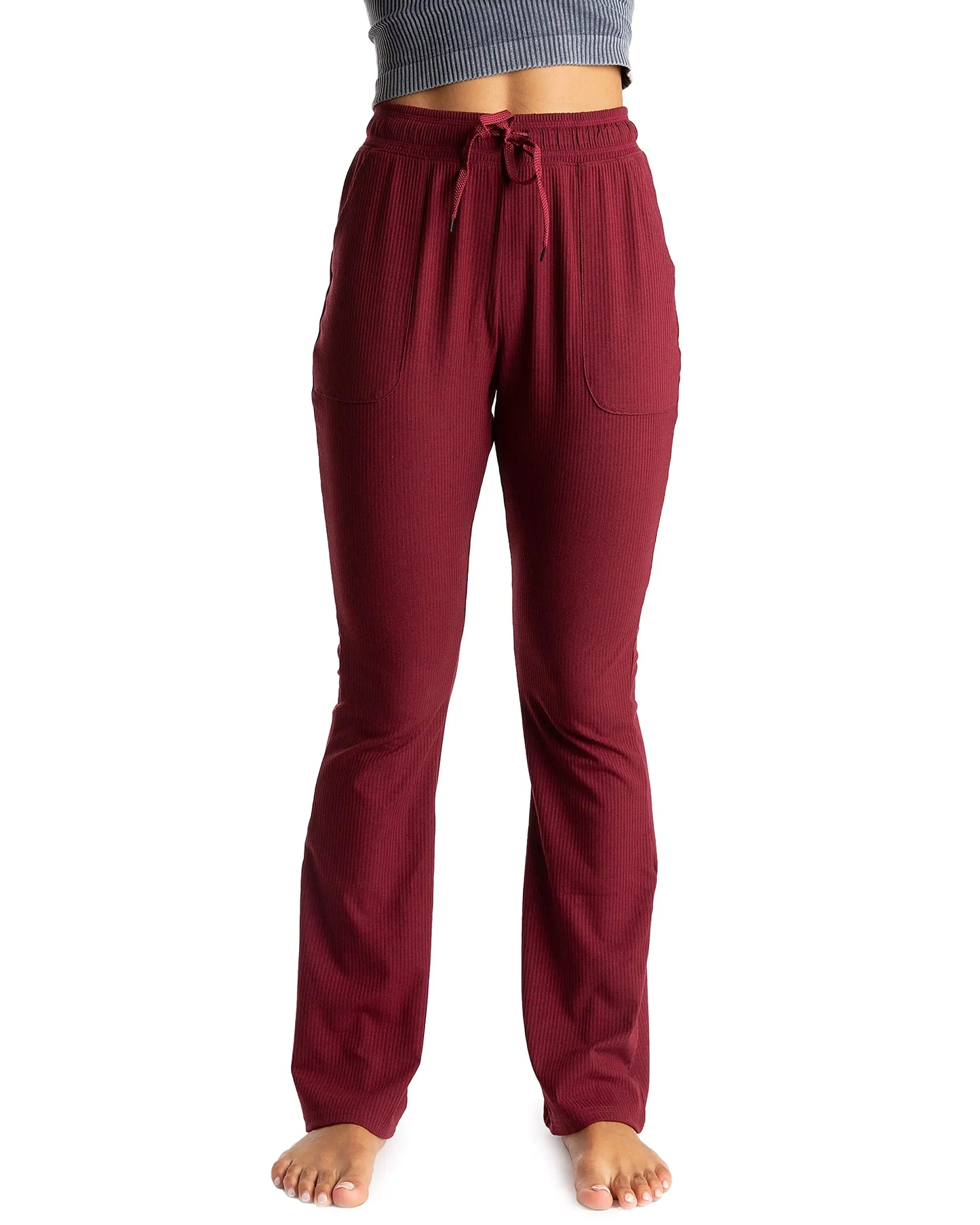 Homma Women Comfy Flare Lounge Pants with Pockets Loose Yoga Pants Knit Pajamas Pants with Drawstring Burgundy
