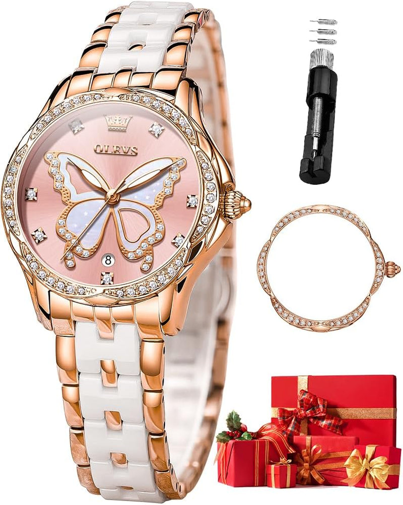 Watches for Women Rose Gold Two Tone Fashion White Ceramic Ladies Wrist Watches Pink/Red Dial Stainless Steel Waterproof Date