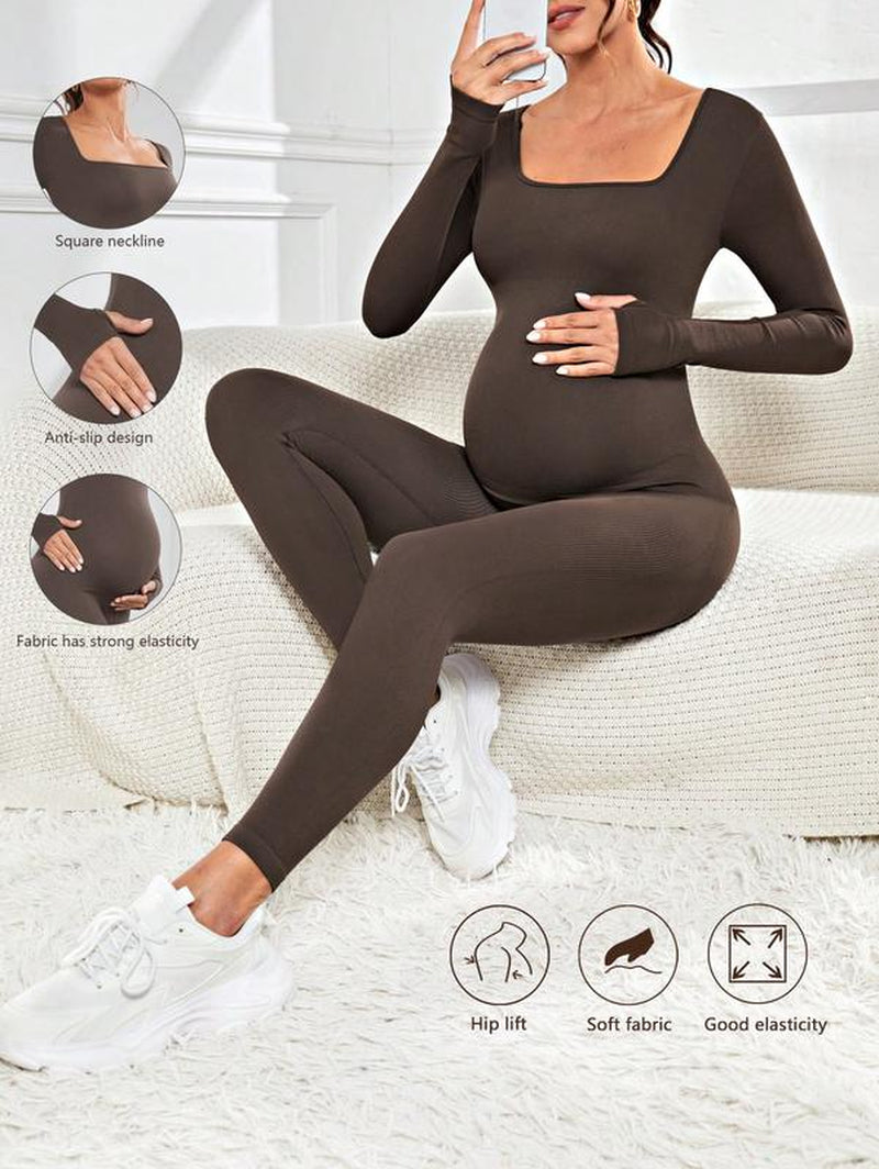 Maternity Seamless Yoga Jumpsuits Women'S One Piece Ribbed Square Neck Long Sleeved Romper with Workout Features