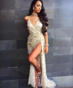 Sequined Backless V-Neck Party Dress with Slit (One Piece)