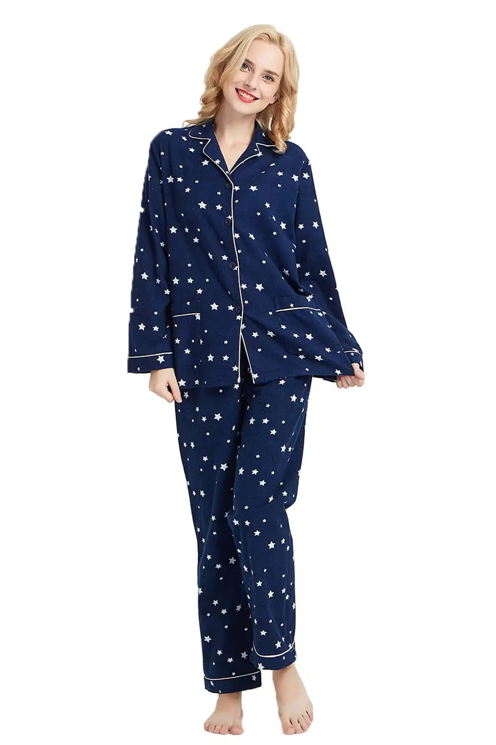 GLOBAL Womens Flannel Pajamas Set 100% Cotton PJs for Women Long Sleeve Button Drawstring Waist Warm Loungewear Sleepwear