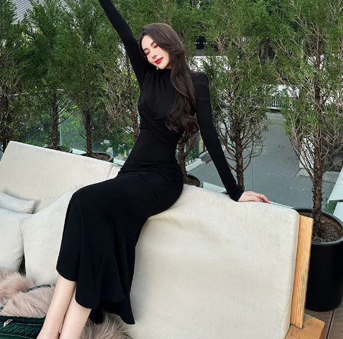 Retro Long Sleeve Slimming Fishtail Dress