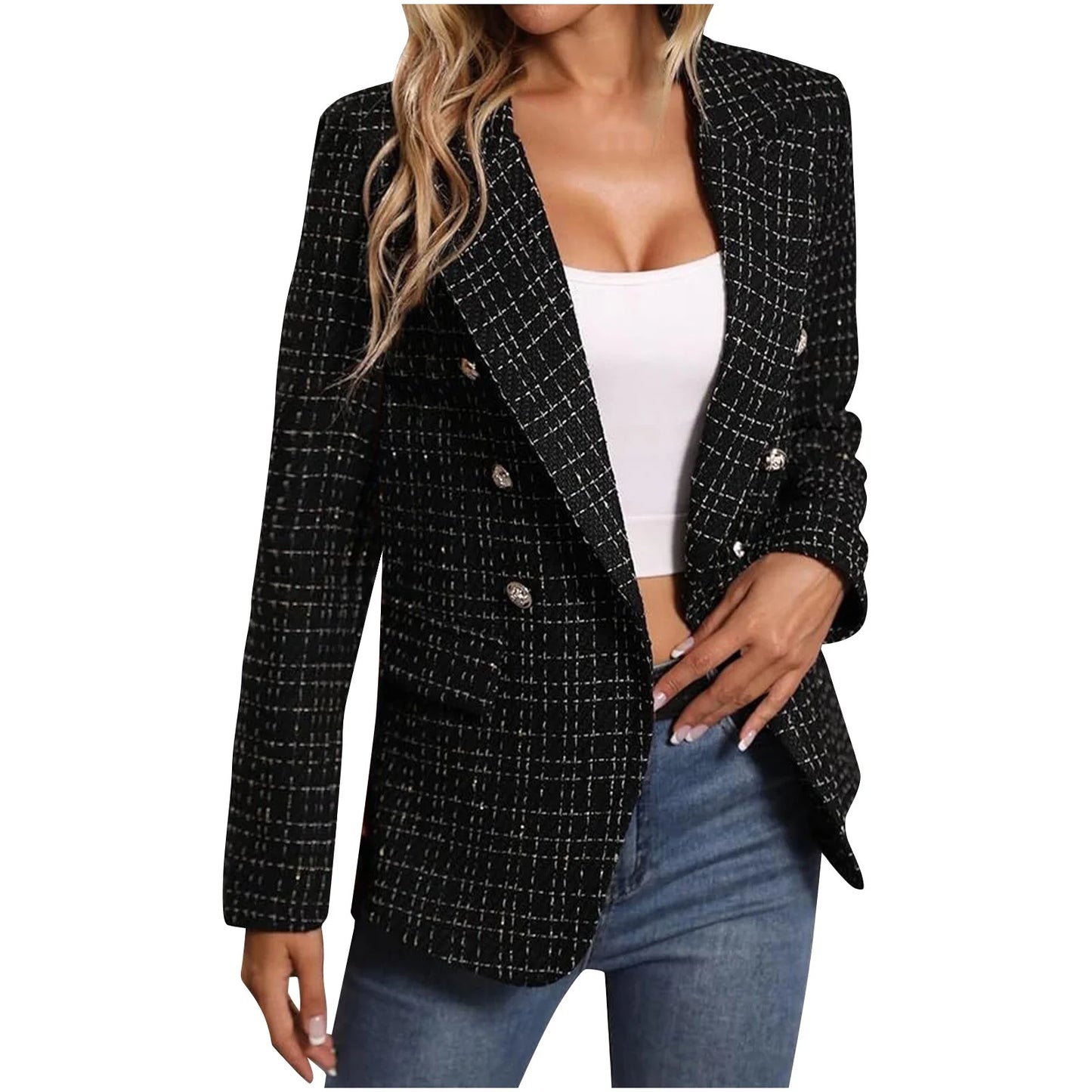 Women'S Blazers Tweed Plaid Blazer Jacket Fashion Business Casual Lapel Elegant Coat with Pockets (Beige,S)