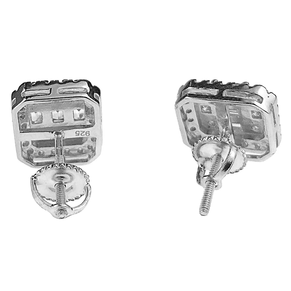 Real Solid 925 Sterling Silver Baguette Iced Earrings Bling Flooded Out CZ Screw Backs