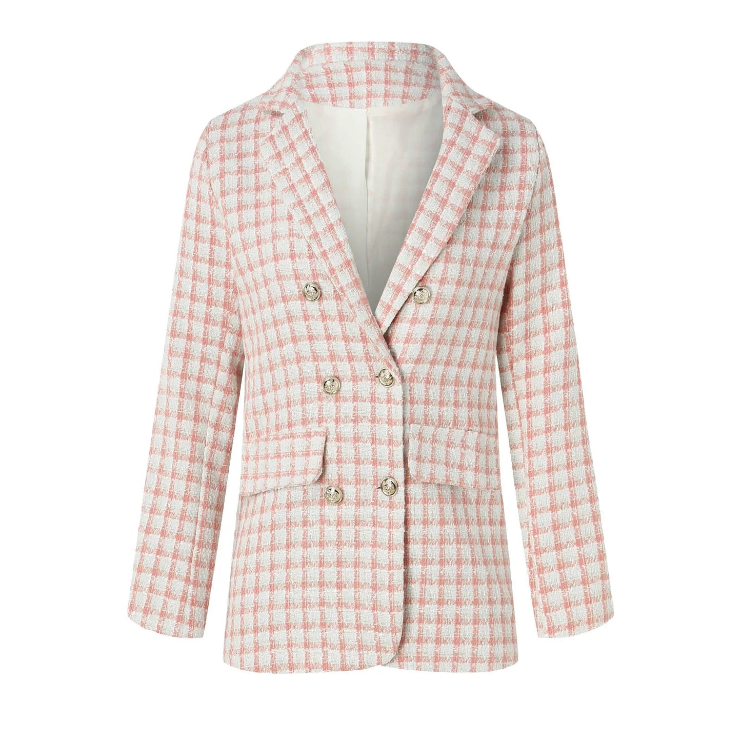 Womens Tweed Blazers Casual Jackets Long Sleeve Double Open Front Plaid Blazer Jackets Work Suits(Pink,M)