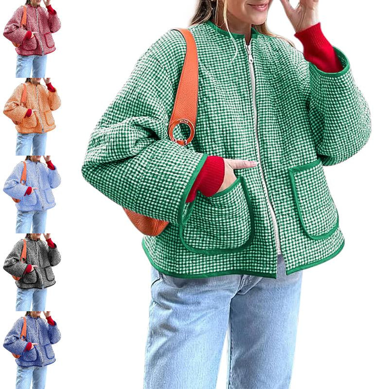 LAICIGO Womens Fall Winter Warm Jackets Fashion Crew Neck Quilted Plaid Jacket Full Zipper Coats