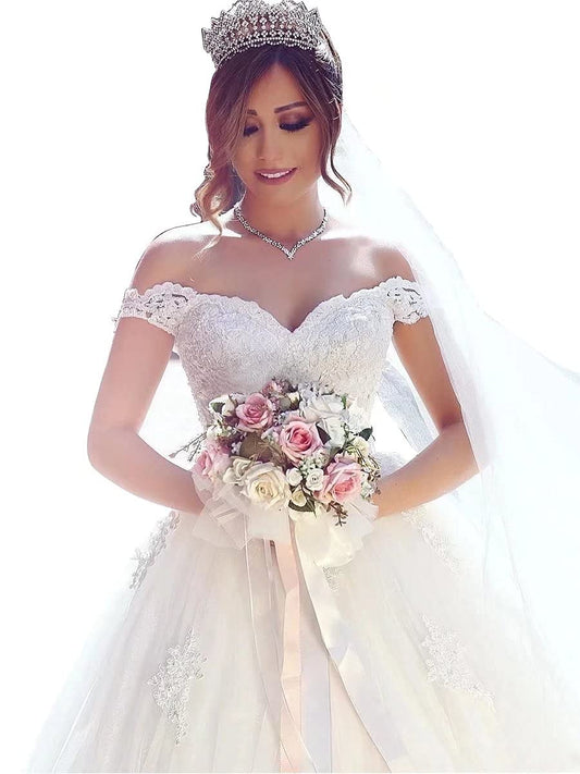 Yuxin Simple Off Shoulder Wedding Dresses for Bride 2024 Ball Gown Sweetheart Princess A Line Lace Bridal Dress with Sleeve Ivory US10