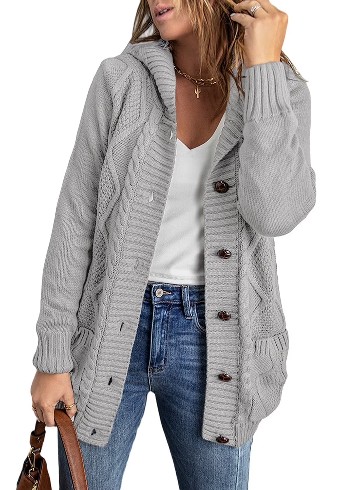Hooded Cardigan Sweaters for Women Long Sleeve Button down Knit Sweater Coat Outwear with Pockets
