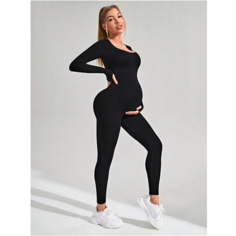 Maternity Seamless Yoga Jumpsuits Women'S One Piece Ribbed Square Neck Long Sleeved Romper with Workout Features