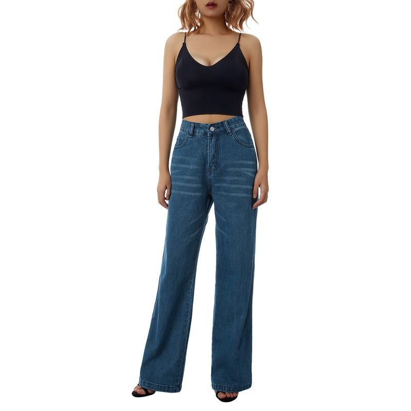 2022 New Style Women´S Casual Loose Jeans Breathable Wide-Leg Pants with Pockets Summer Spring Fashion Denim Long Trouser