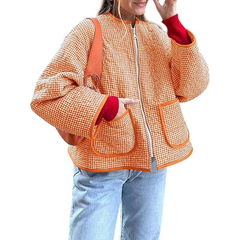 LAICIGO Womens Fall Winter Warm Jackets Fashion Crew Neck Quilted Plaid Jacket Full Zipper Coats