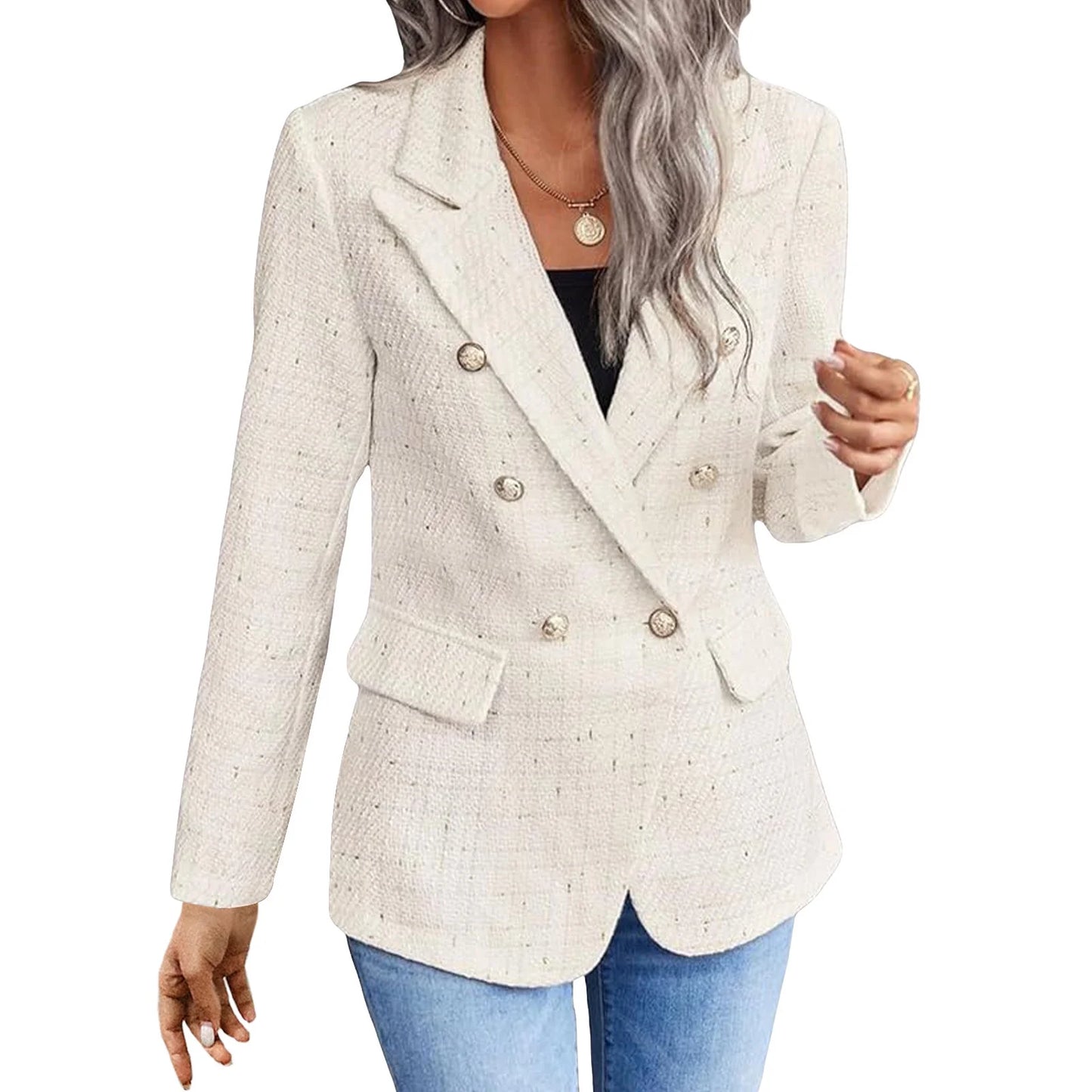 Women'S Blazers Tweed Plaid Blazer Jacket Fashion Business Casual Lapel Elegant Coat with Pockets (Beige,S)