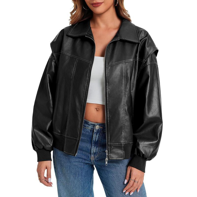 Goranbon Womens Oversized Leather Bomber Jackets Cap Sleeve Zip up Motorcycle Coats with Pockets