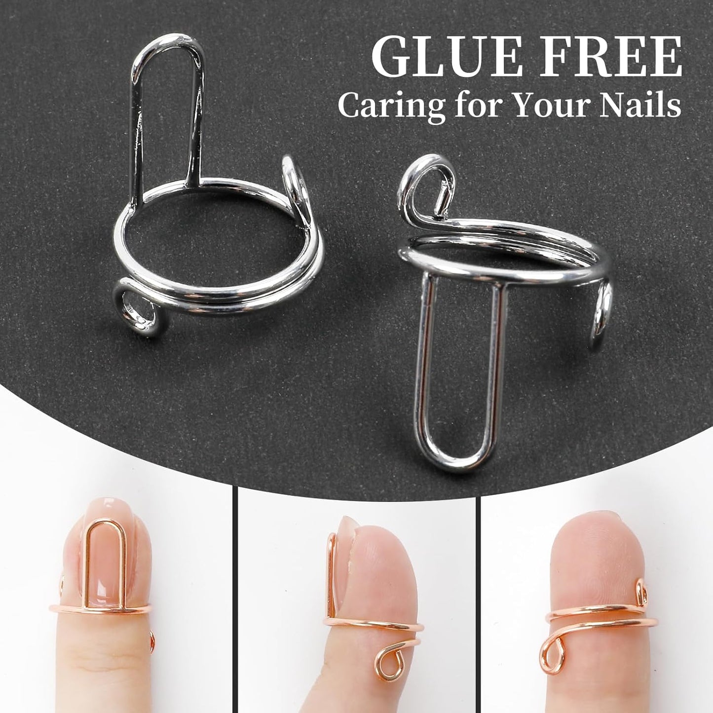 20Pcs Size Adjustable Wudu Rings with 120Pcs Adhesive Nail Tabs, Reusable Detachable Rings for Halal Nail, Muslim Wearing Manicure (Rose Gold, Silver)