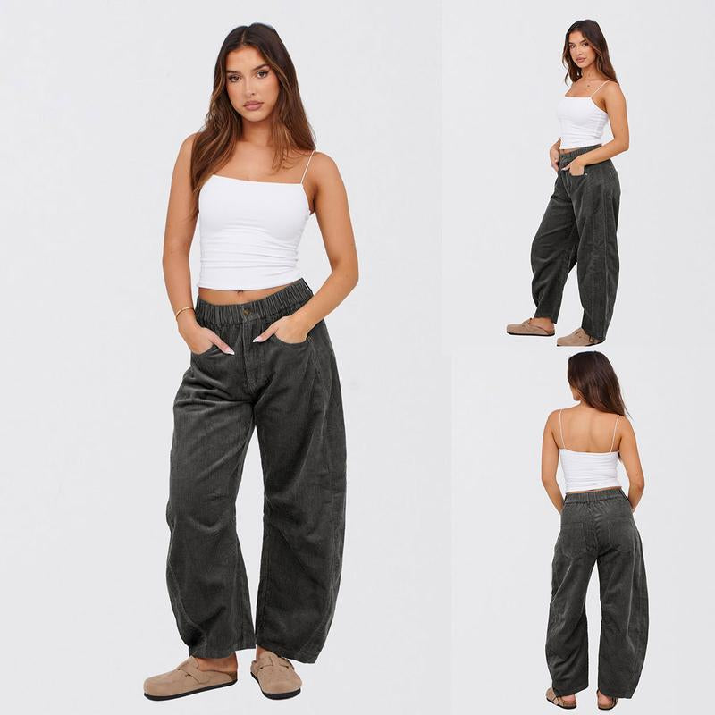 Naeduo Women'S Corduroy Pants Barrel Mid-Rise Elastic Waist Cord Pants Casual Wide Leg Baggy Trouser with Pockets