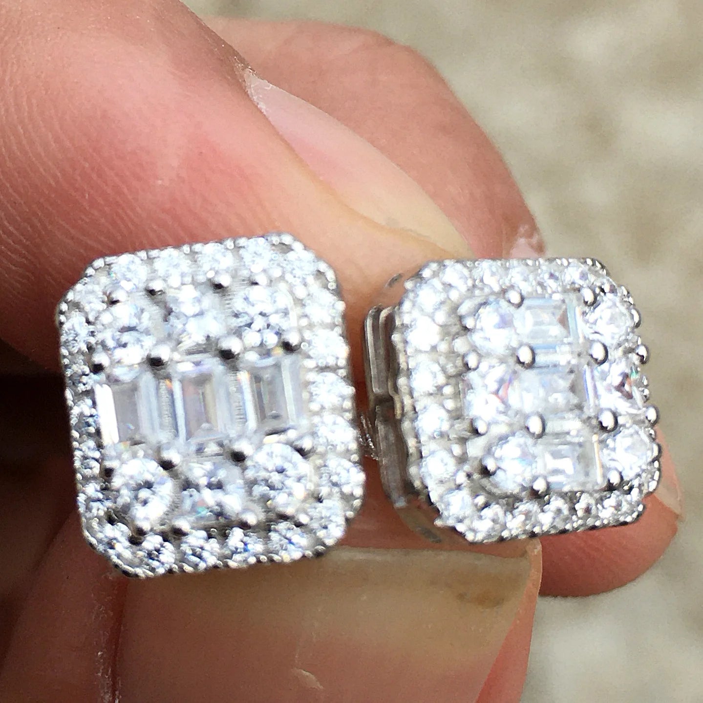 Real Solid 925 Sterling Silver Baguette Iced Earrings Bling Flooded Out CZ Screw Backs